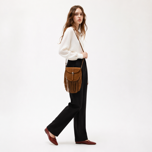 Matte Faux Suede Tassel Saddle Bag Vintage Crossbody Shoulder Purse