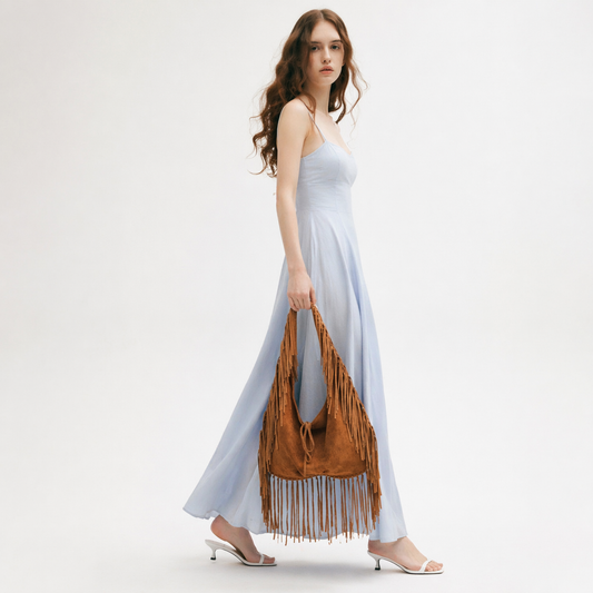 Fringe Faux Suede Crescent Tote Large Capacity Half Moon Slouchy Bag