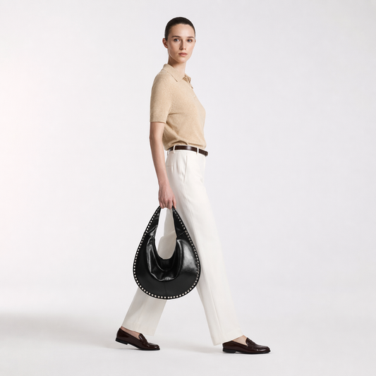 Rivet Studded Crescent Tote Chic Underarm Half Moon Top Handle Bag