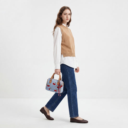Cherry Embroidered Denim Boston Bag Vintage Pillow Top Handle Tote