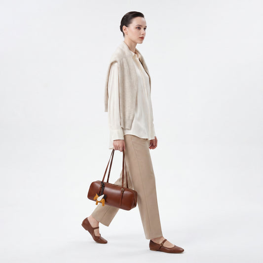 Retro Leather Bowling Bag Vintage Underarm Shoulder Tote with Charm