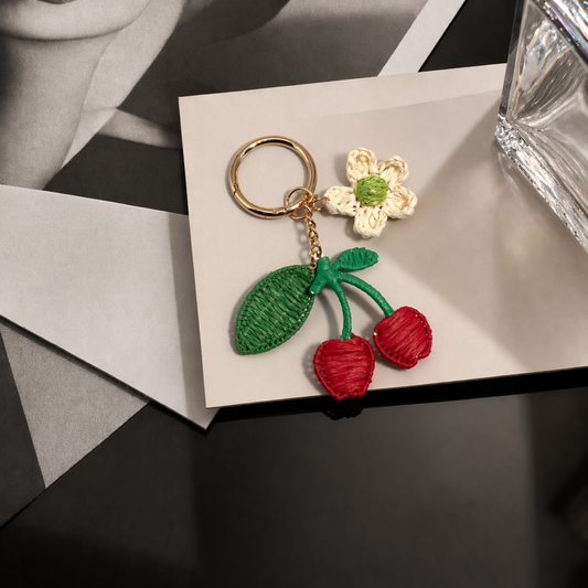 Handmade Raffia Cherry Bag Charm Woven Flower Keychain Accessory