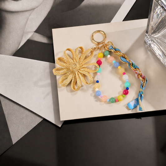 Handmade Raffia Flower Keychain Beaded Bag Charm Boho Accessory