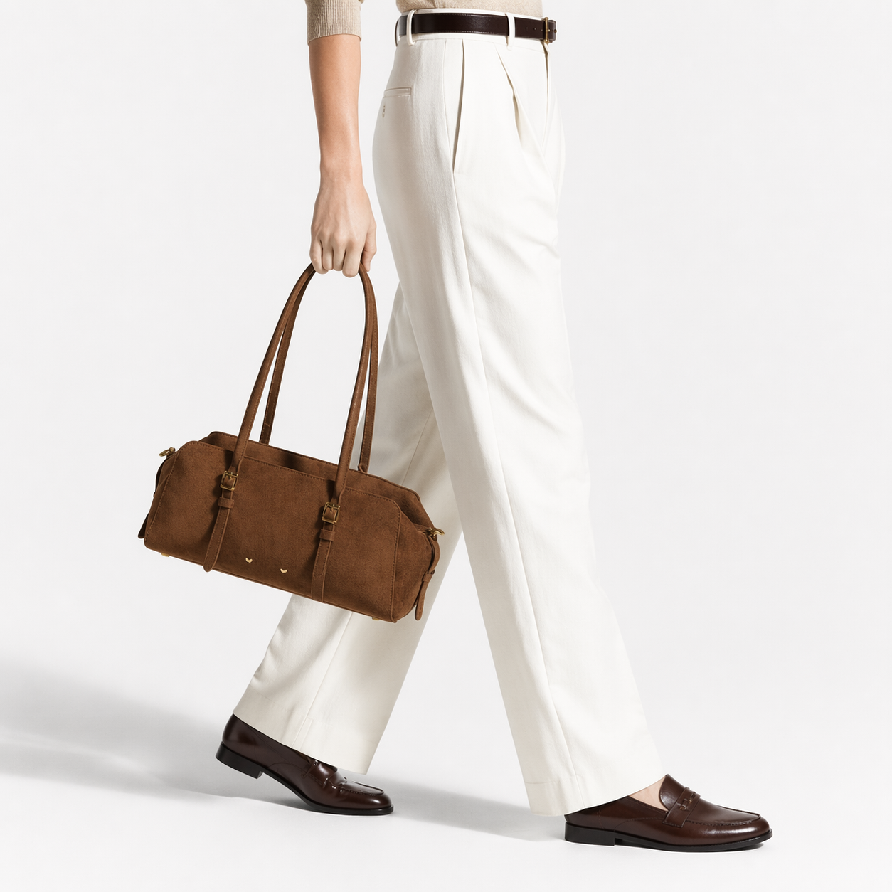 East-West Boston Shoulder Bag Retro Long Baguette Suede Crossbody Bag
