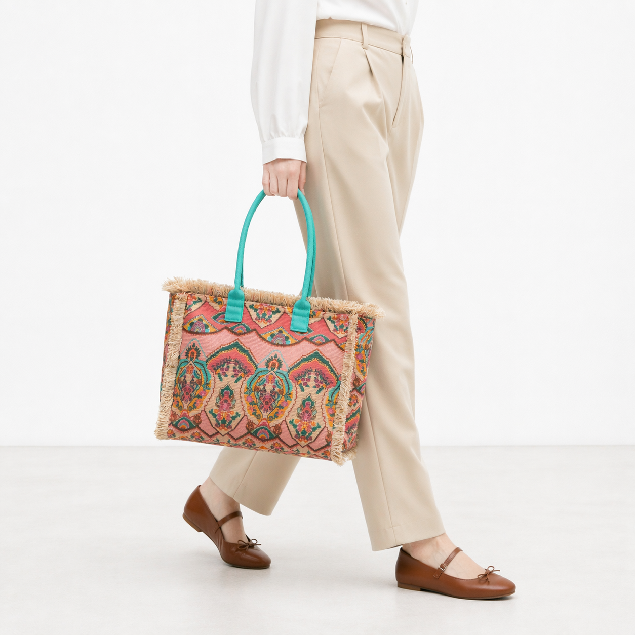 Boho Vintage Tassel Tote Bag Large Canvas Beach Travel Shoulder Bag