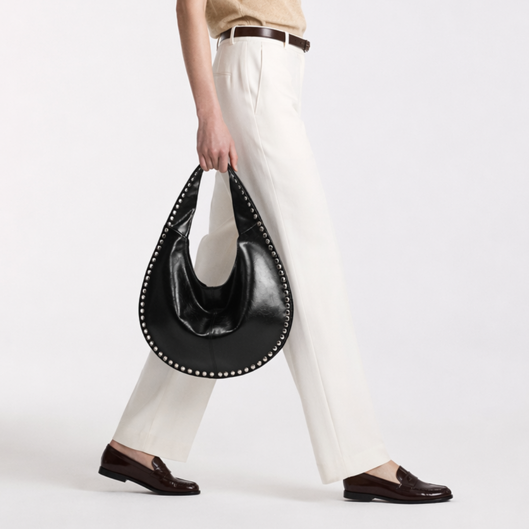 Rivet Studded Crescent Tote Chic Underarm Half Moon Top Handle Bag