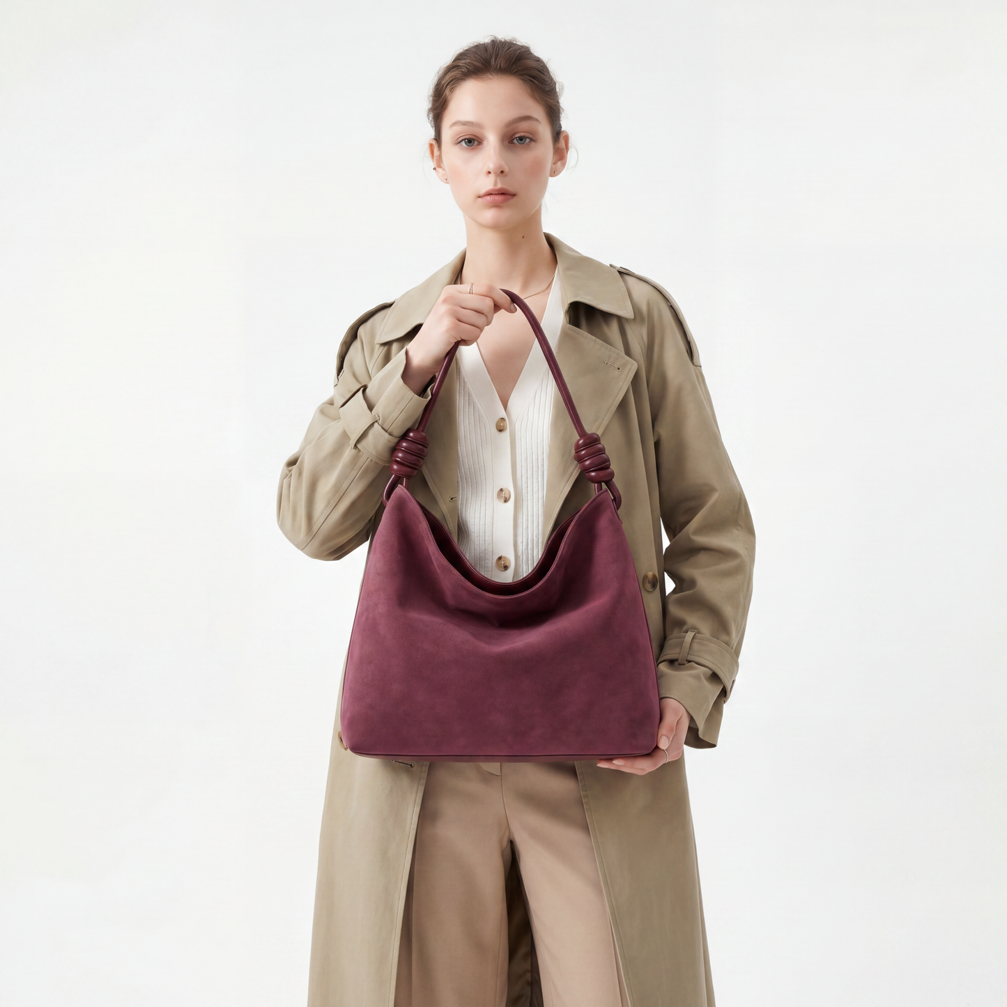 Vintage Faux Suede Underarm Tote Knot Strap Large Hobo Slouchy Shoulder Bag
