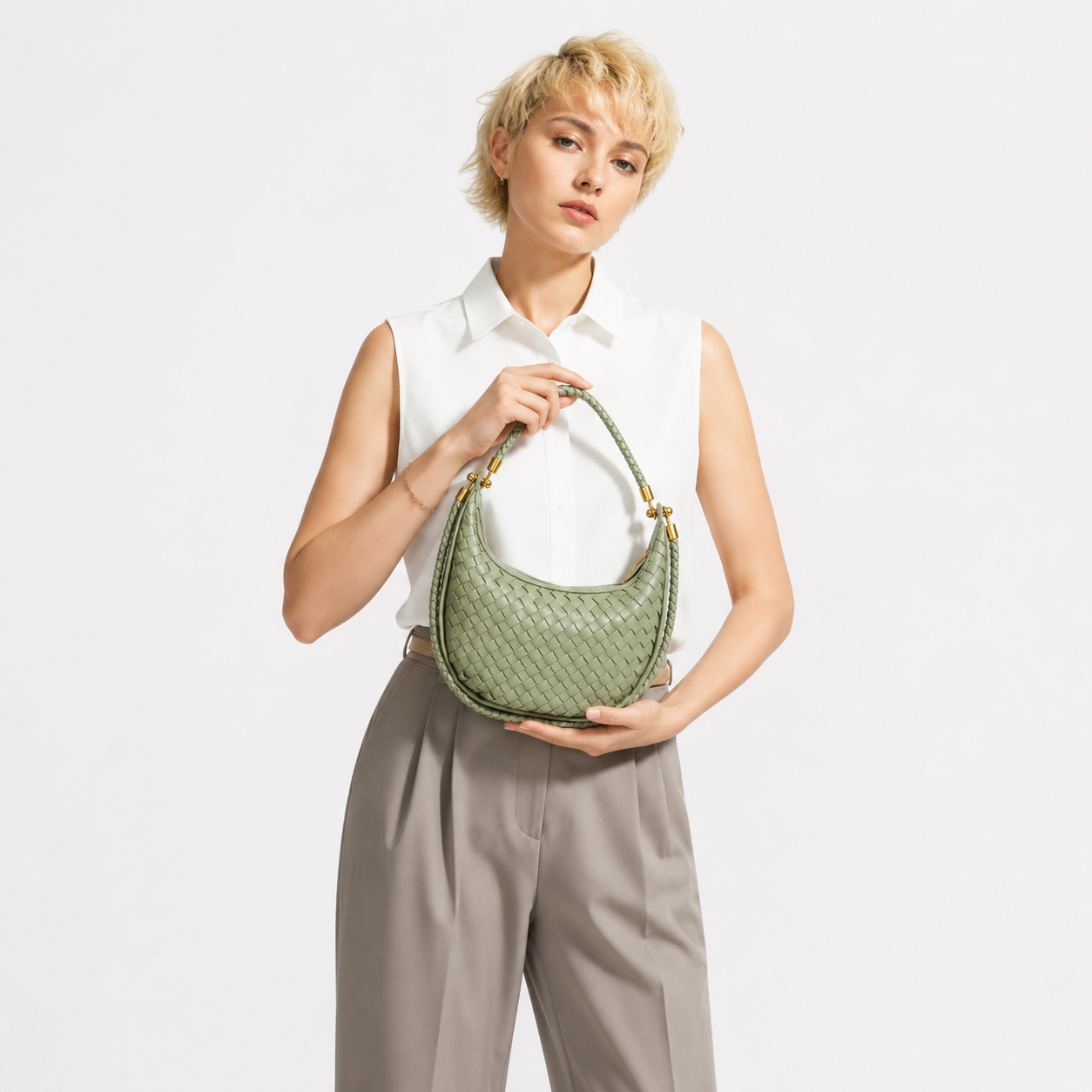 Woven PU Leather Crescent Bag Hobo Top Handle Purse