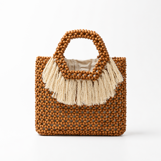 Handmade Wooden Bead Tassel Bag Woven Top Handle Beach Resort Purse
