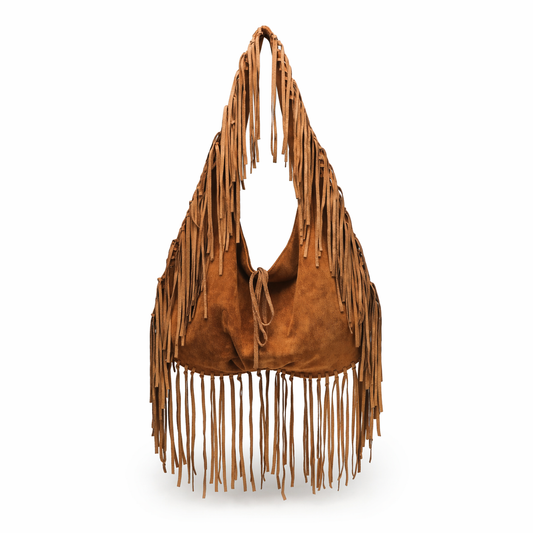 Fringe Faux Suede Crescent Tote Large Capacity Half Moon Slouchy Bag