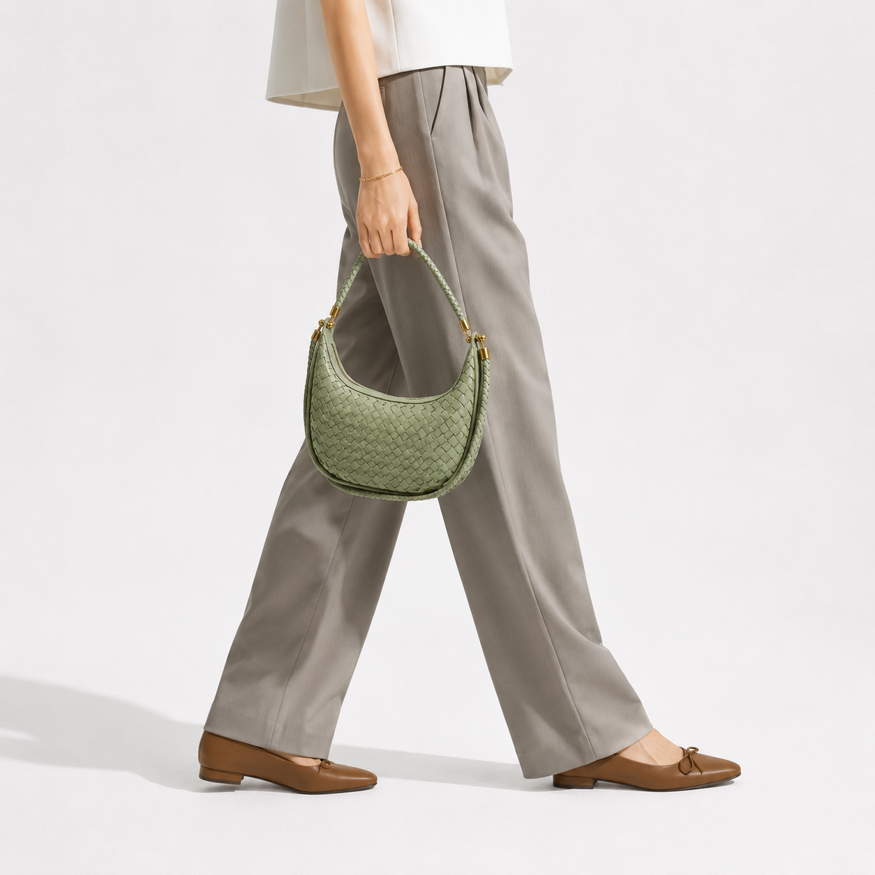 Woven PU Leather Crescent Bag Hobo Top Handle Purse