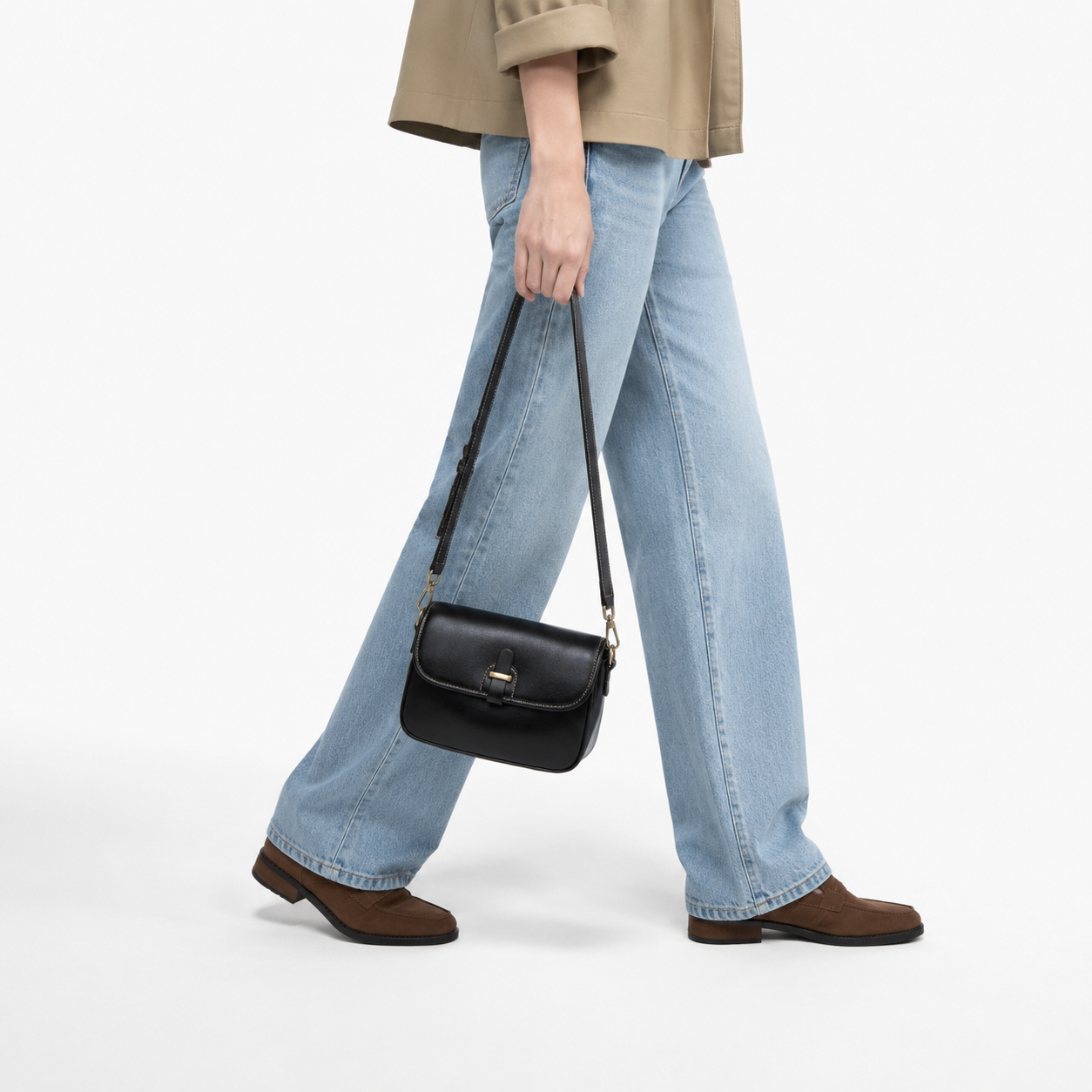 Top-Grain Leather Flap Structured Bag Minimalist Crossbody Satchel
