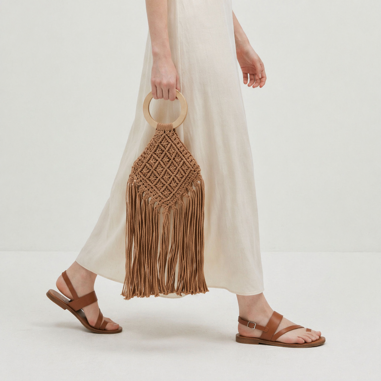 Fringe Straw Woven Bag Wood Handle Summer Beach Crochet Tassel Tote