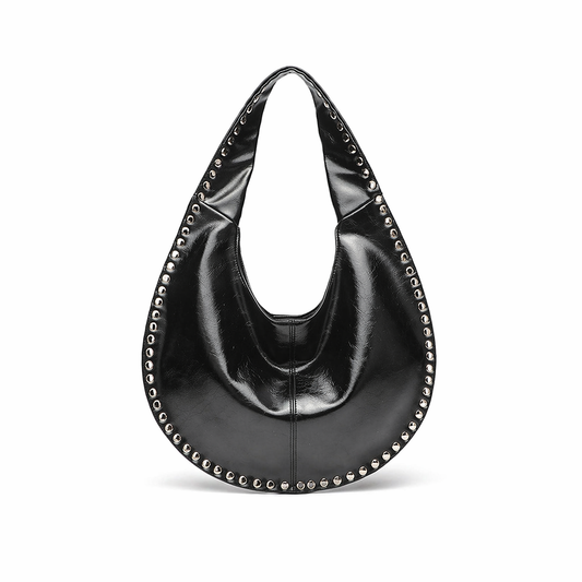 Rivet Studded Crescent Tote Chic Underarm Half Moon Top Handle Bag