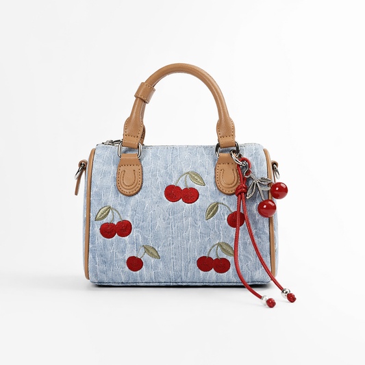 Cherry Embroidered Denim Boston Bag Vintage Pillow Top Handle Tote