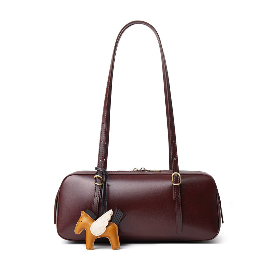 Retro Leather Bowling Bag Vintage Underarm Shoulder Tote with Charm