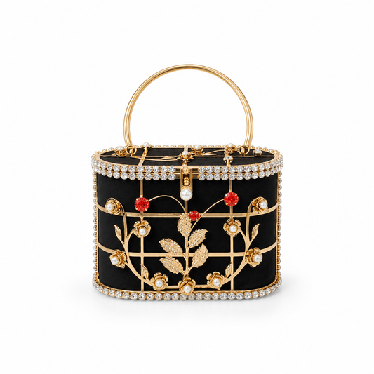 Metal Cage Bucket Bag Rhinestone Flower Evening Bridal Wedding Purse