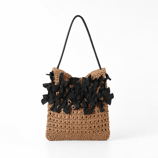 Bow Straw Woven Bag Large Summer Beach Hollow Out Shoulder Handbag