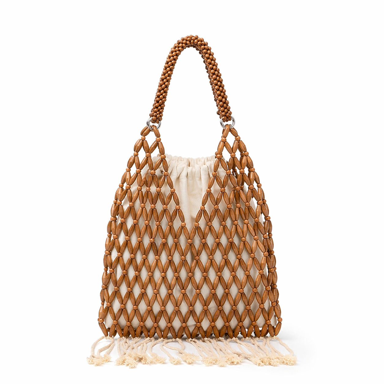 Handmade Wooden Bead Tassel Tote Fringe Beach Vacation Drawstring Bag