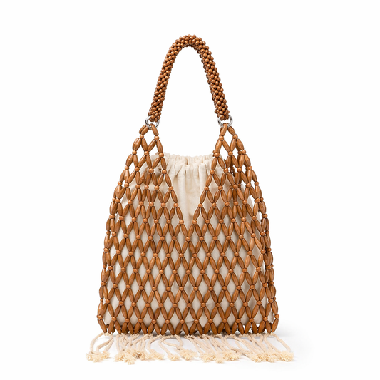 Handmade Wooden Bead Tassel Tote Fringe Beach Vacation Drawstring Bag