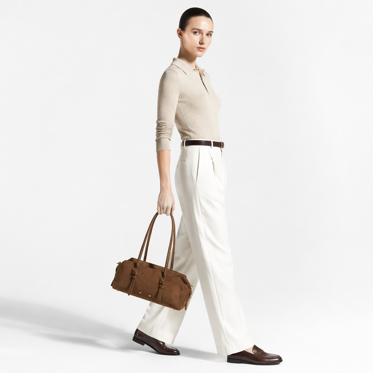 East-West Boston Shoulder Bag Retro Long Baguette Suede Crossbody Bag