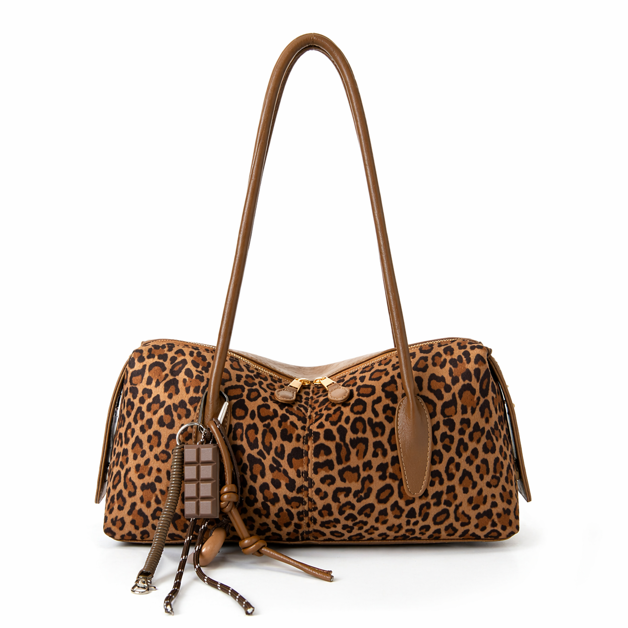 Retro Leopard Suede Boston Bag Vintage Shoulder Purse with Charms