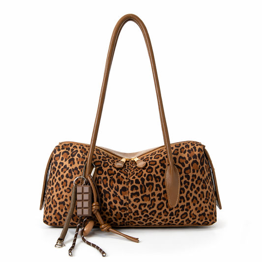 Retro Leopard Suede Boston Bag Vintage Shoulder Purse with Charms