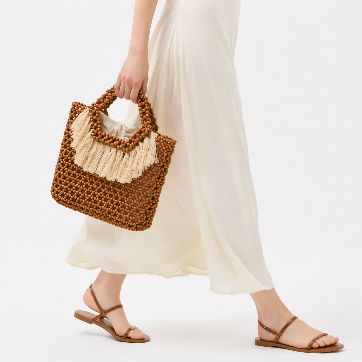 Handmade Wooden Bead Tassel Bag Woven Top Handle Beach Resort Purse