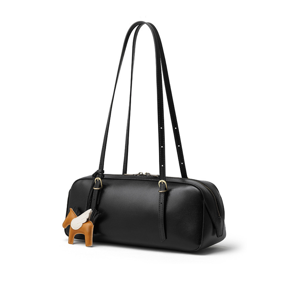 Retro Leather Bowling Bag Vintage Underarm Shoulder Tote with Charm