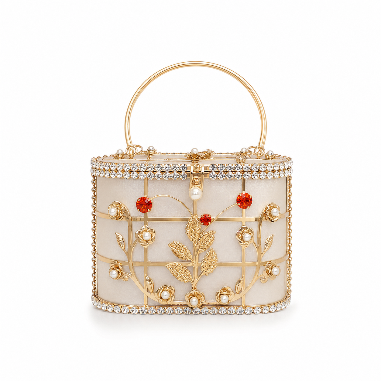 Metal Cage Bucket Bag Rhinestone Flower Evening Bridal Wedding Purse