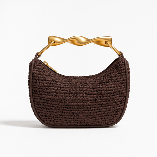 Woven Straw Shoulder Bag Metallic Handle Summer Beach Hobo Clutch