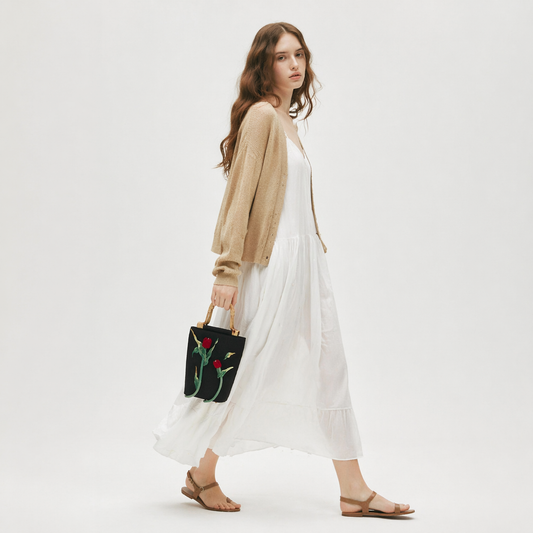 Embroidered Cheongsam Handbag Bamboo Handle Floral Evening Tote