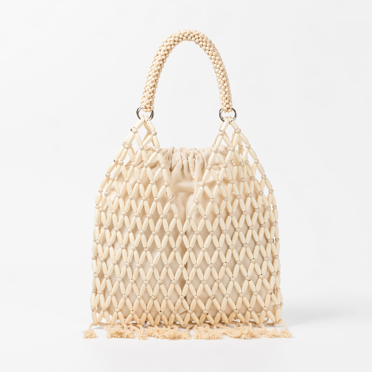 Handmade Wooden Bead Tassel Tote Fringe Beach Vacation Drawstring Bag