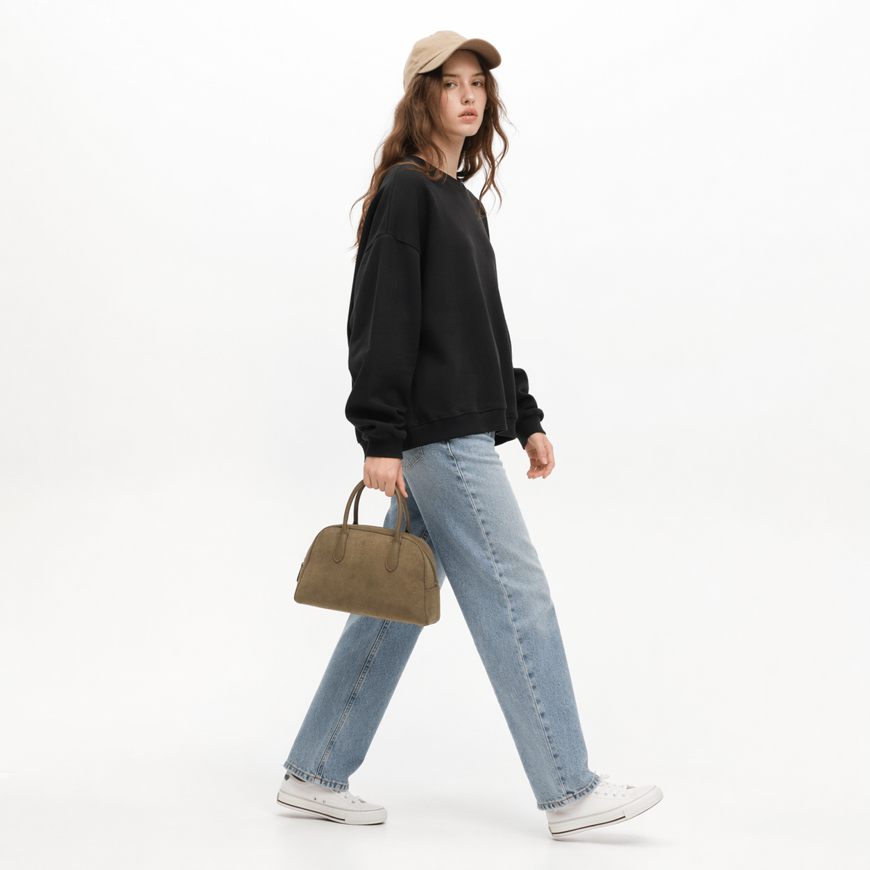 Minimalist Faux Suede Bowling Bag Vintage Boston Handheld Shoulder Bag
