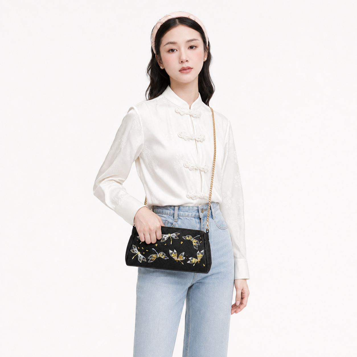 Dragonfly Embroidered Shoulder Bag Vintage Cheongsam Evening Clutch