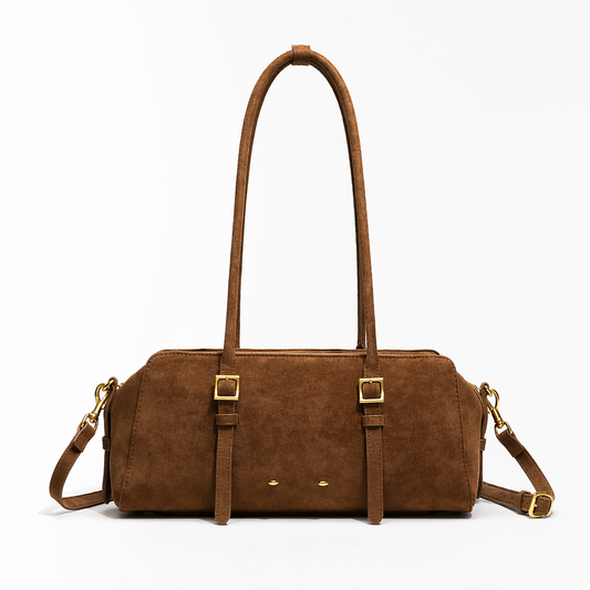 East-West Boston Shoulder Bag Retro Long Baguette Suede Crossbody Bag