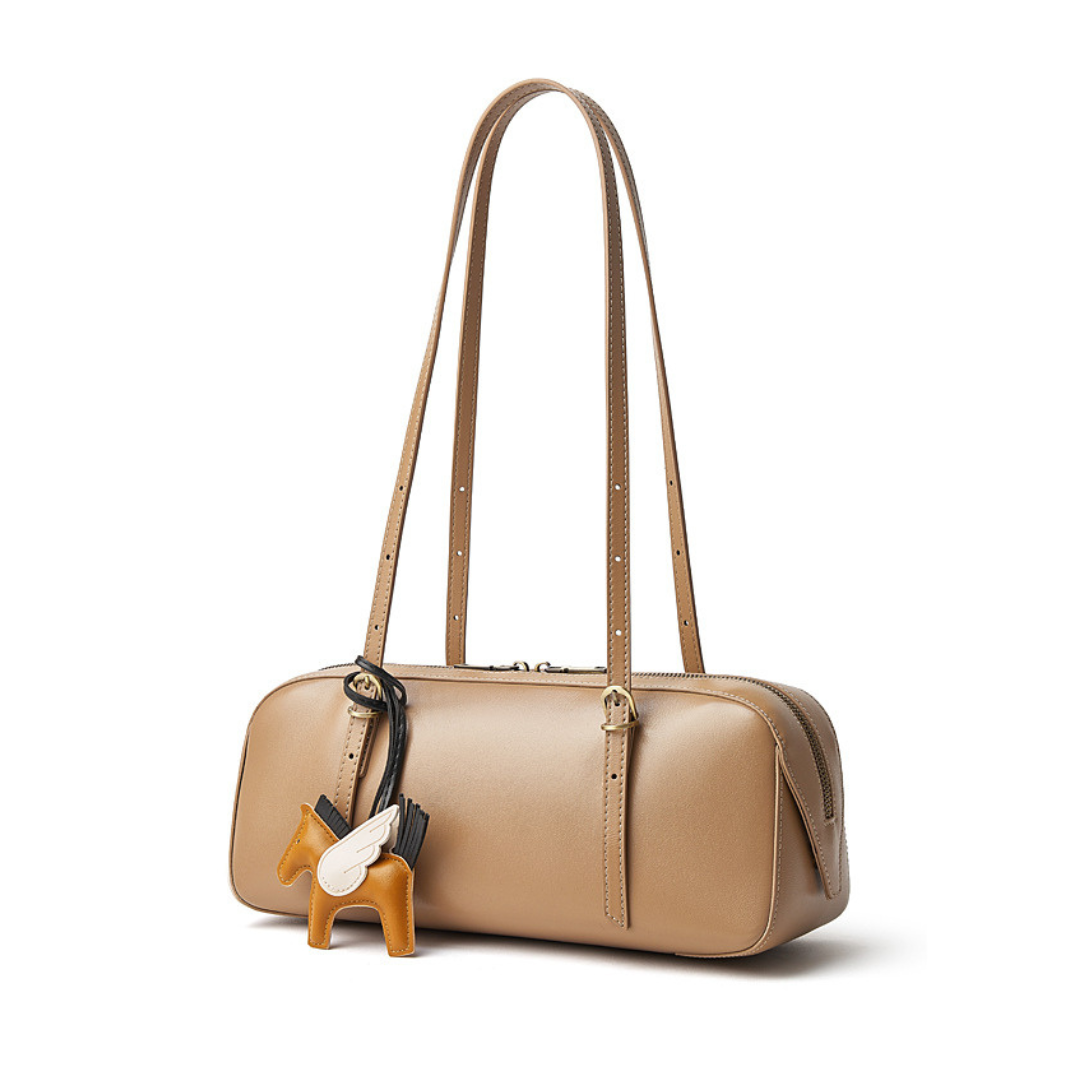 Retro Leather Bowling Bag Vintage Underarm Shoulder Tote with Charm