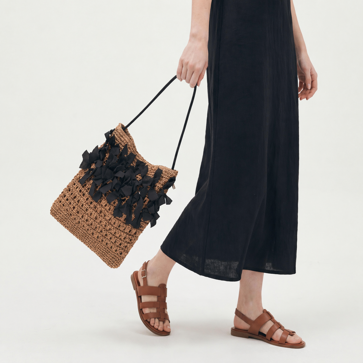 Bow Straw Woven Bag Large Summer Beach Hollow Out Shoulder Handbag