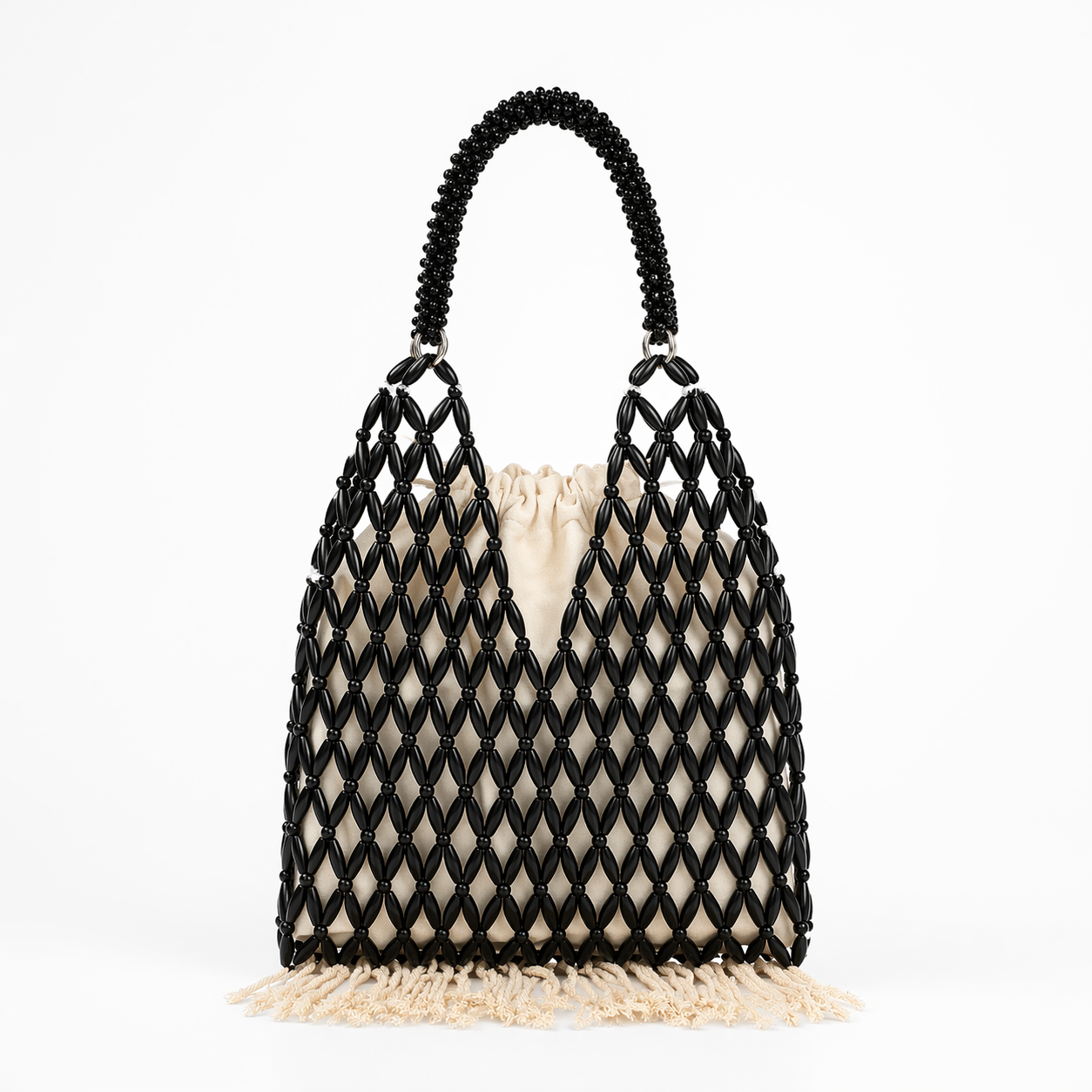Handmade Wooden Bead Tassel Tote Fringe Beach Vacation Drawstring Bag