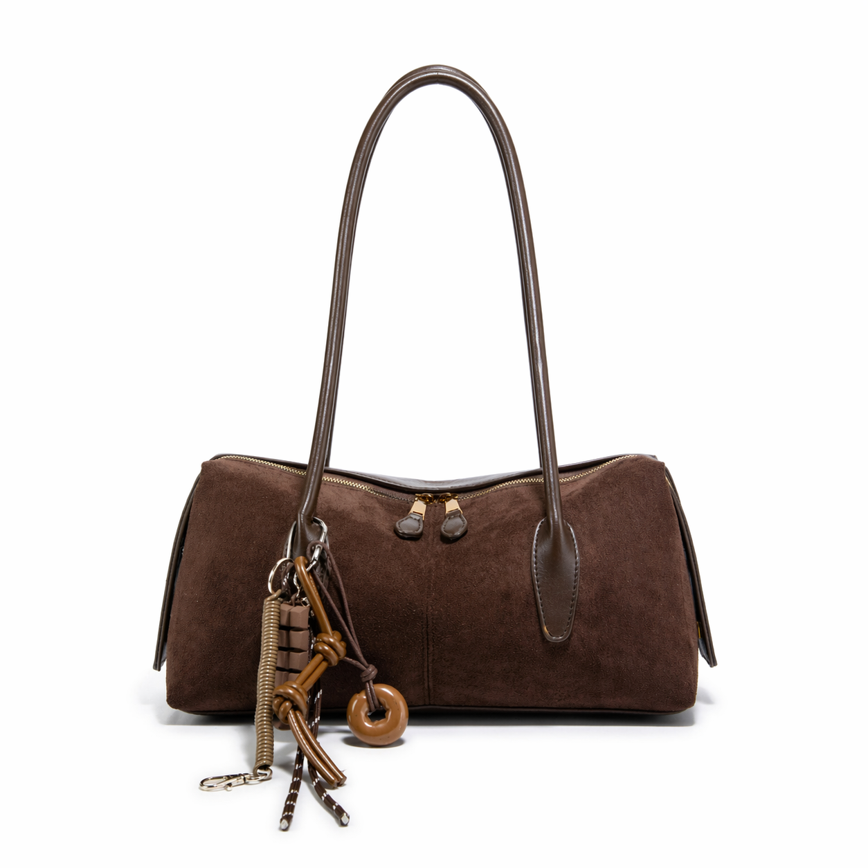 Retro Leopard Suede Boston Bag Vintage Shoulder Purse with Charms