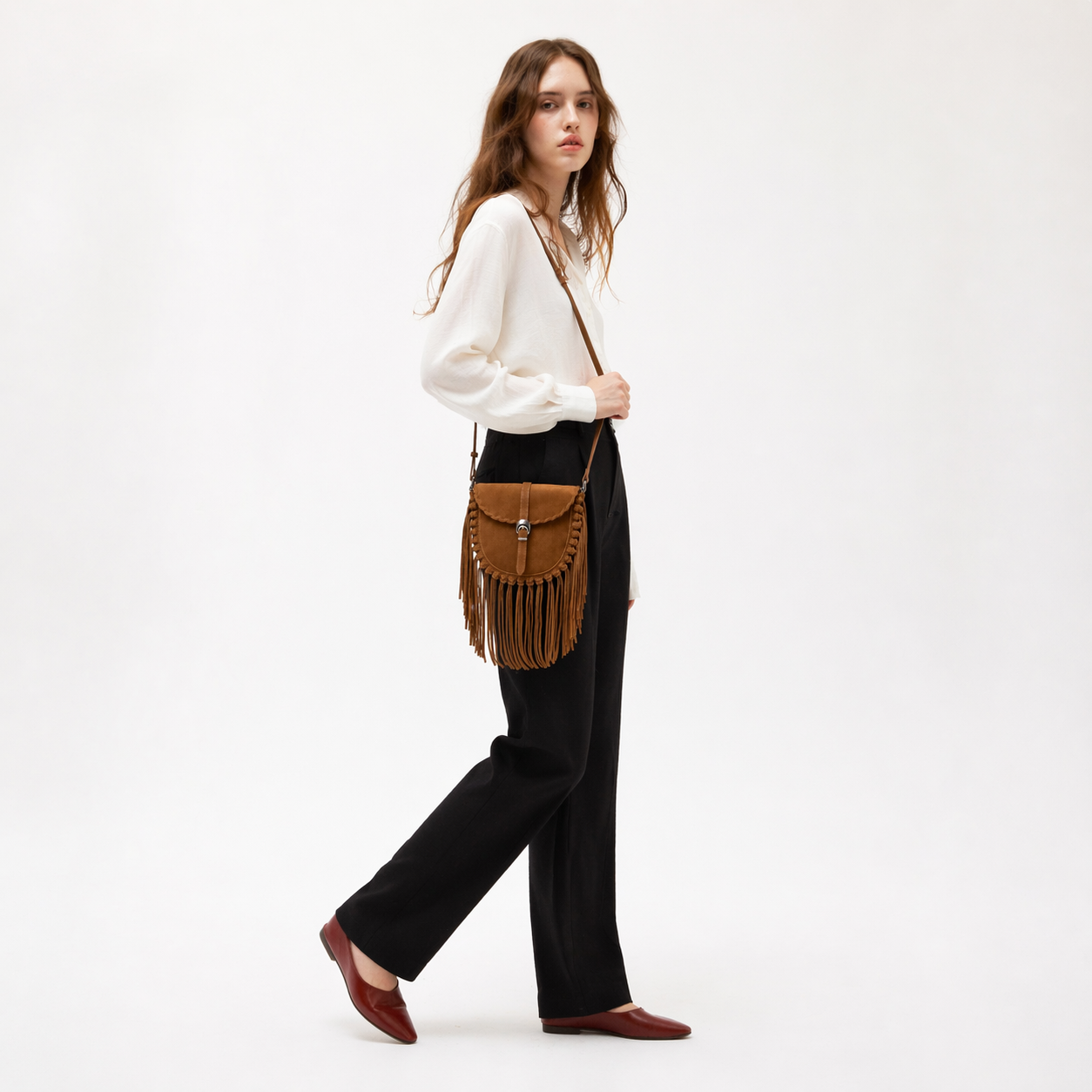 Matte Faux Suede Tassel Saddle Bag Vintage Crossbody Shoulder Purse