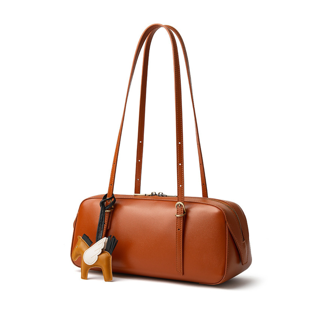 Retro Leather Bowling Bag Vintage Underarm Shoulder Tote with Charm