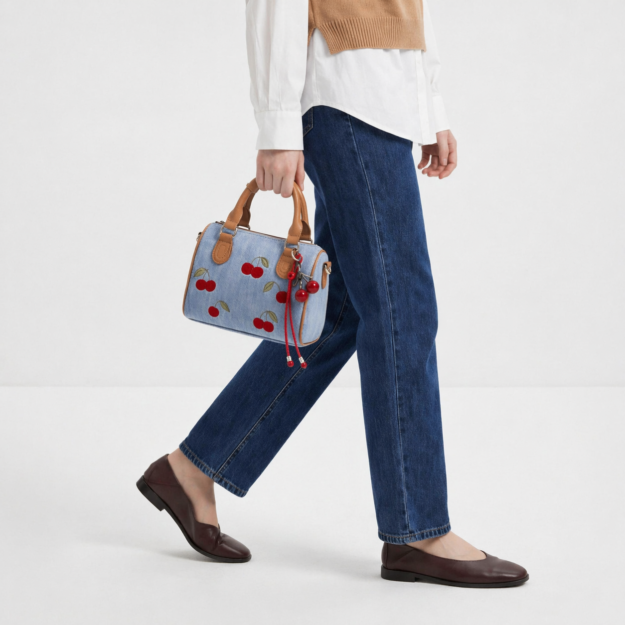 Cherry Embroidered Denim Boston Bag Vintage Pillow Top Handle Tote