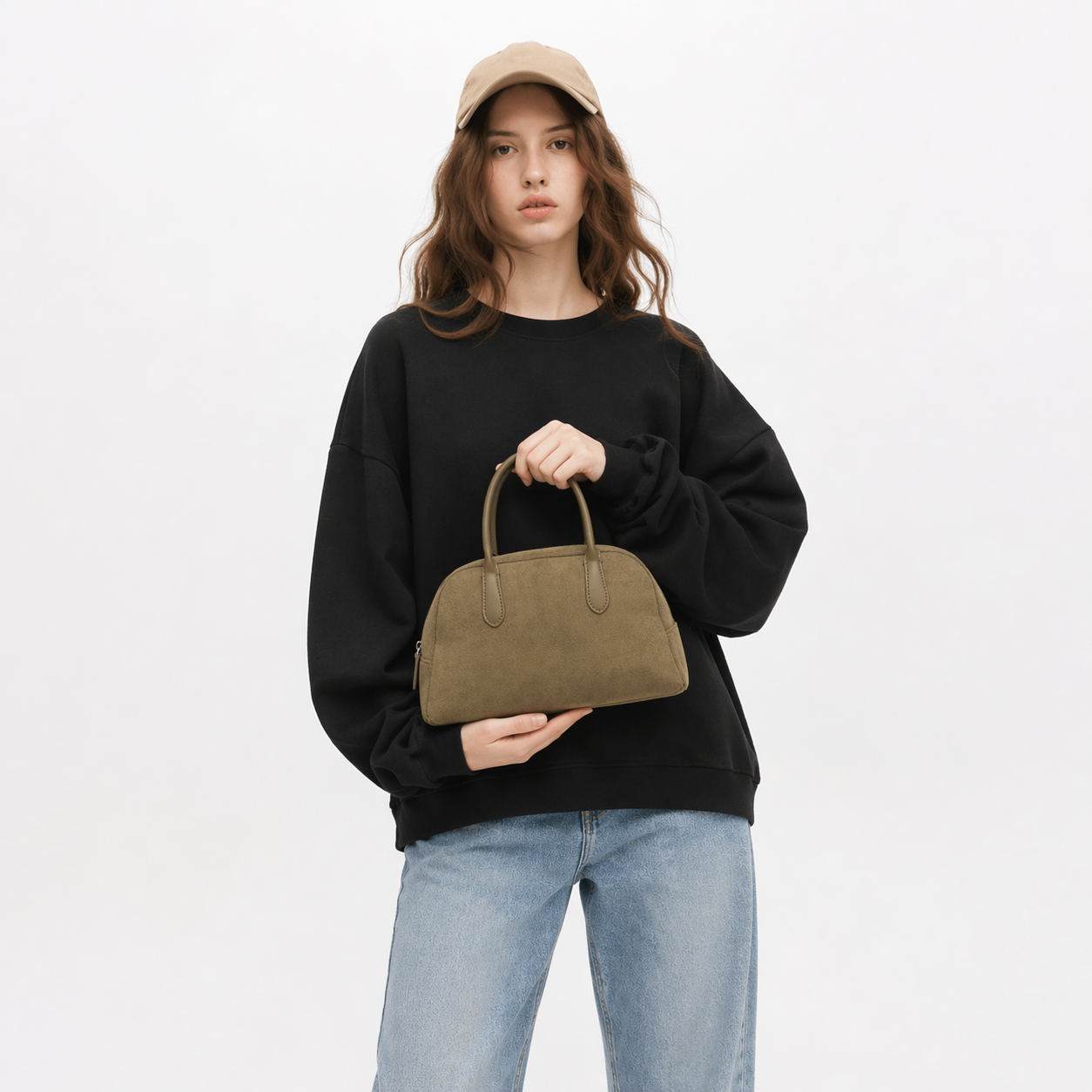 Minimalist Faux Suede Bowling Bag Vintage Boston Handheld Shoulder Bag