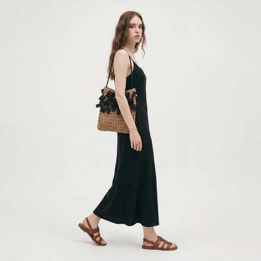 Bow Straw Woven Bag Large Summer Beach Hollow Out Shoulder Handbag