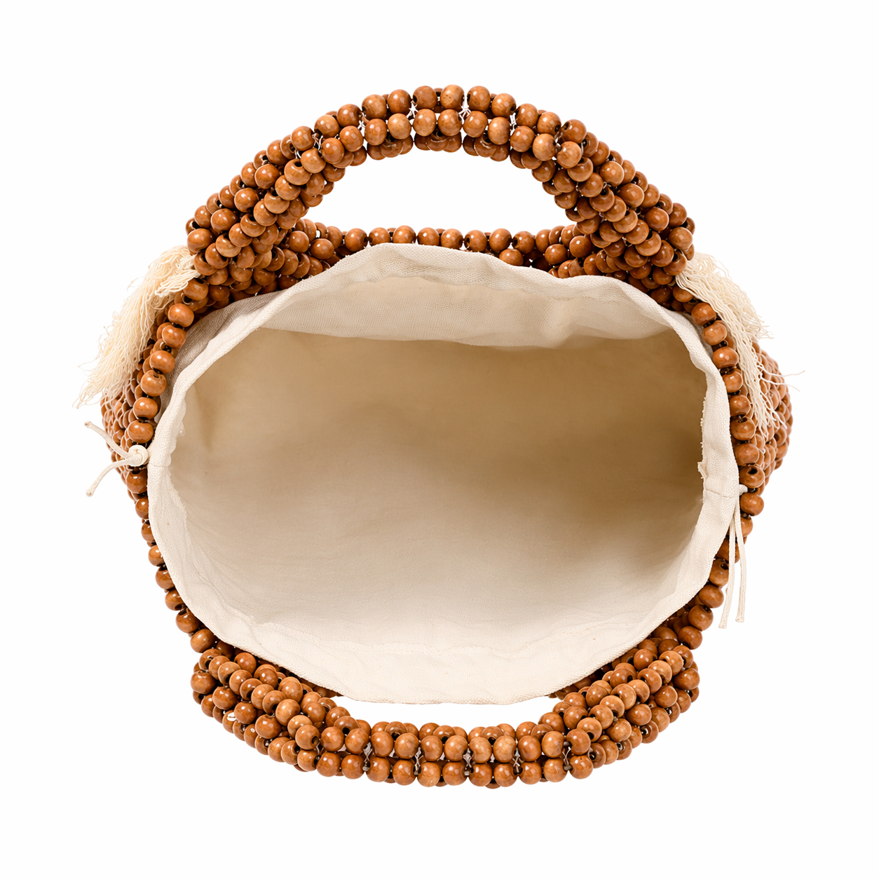 Handmade Wooden Bead Tassel Bag Woven Top Handle Beach Resort Purse