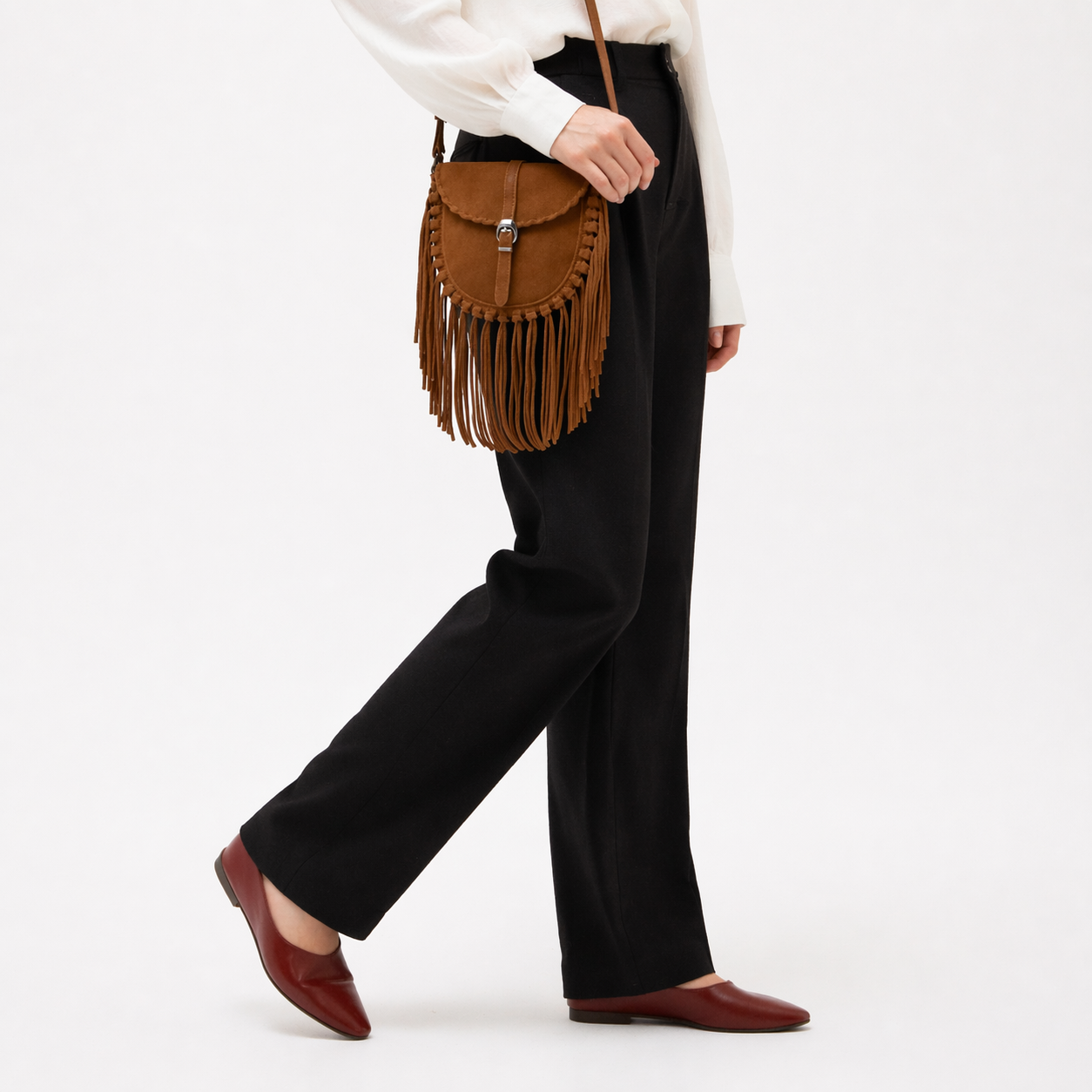 Matte Faux Suede Tassel Saddle Bag Vintage Crossbody Shoulder Purse