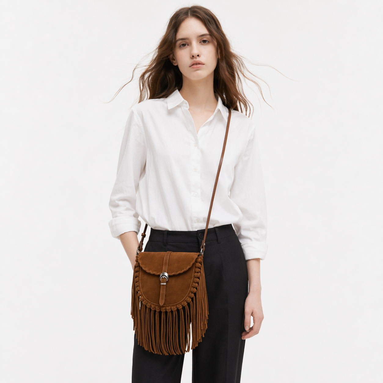 Matte Faux Suede Tassel Saddle Bag Vintage Crossbody Shoulder Purse