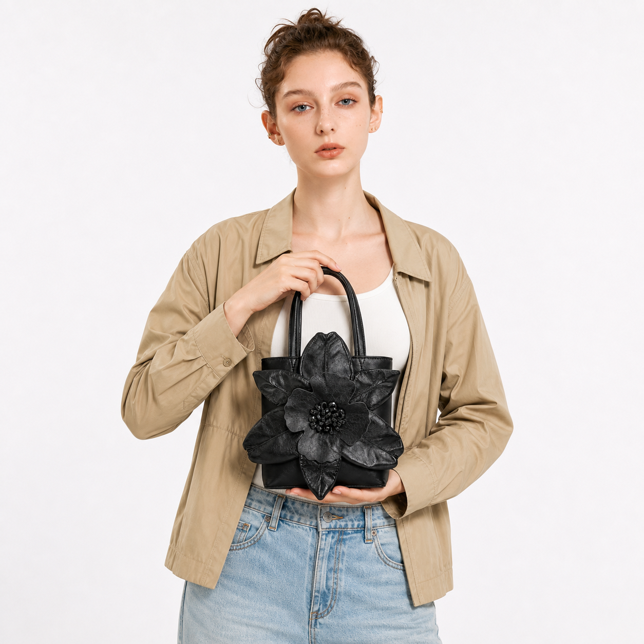 3D Flower Bucket Bag Floral Evening Clutch PU Bridal Wedding Top Handle