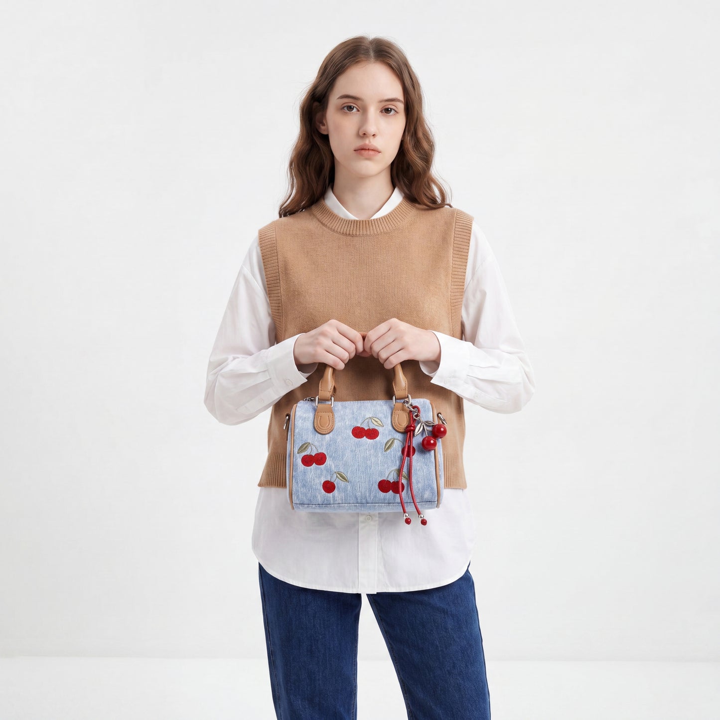 Cherry Embroidered Denim Boston Bag Vintage Pillow Top Handle Tote